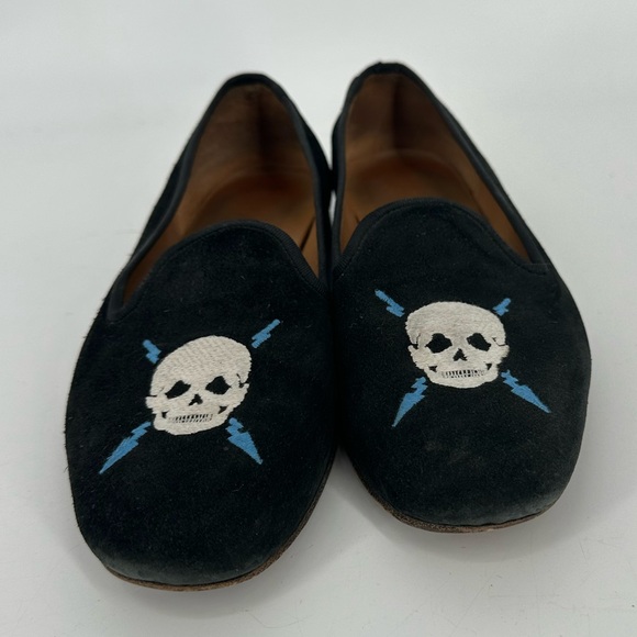 Stubbs & Wootton Skull Lightning Embroidered Suede Loafers Smoking Slippers 7.5 - Picture 2 of 14